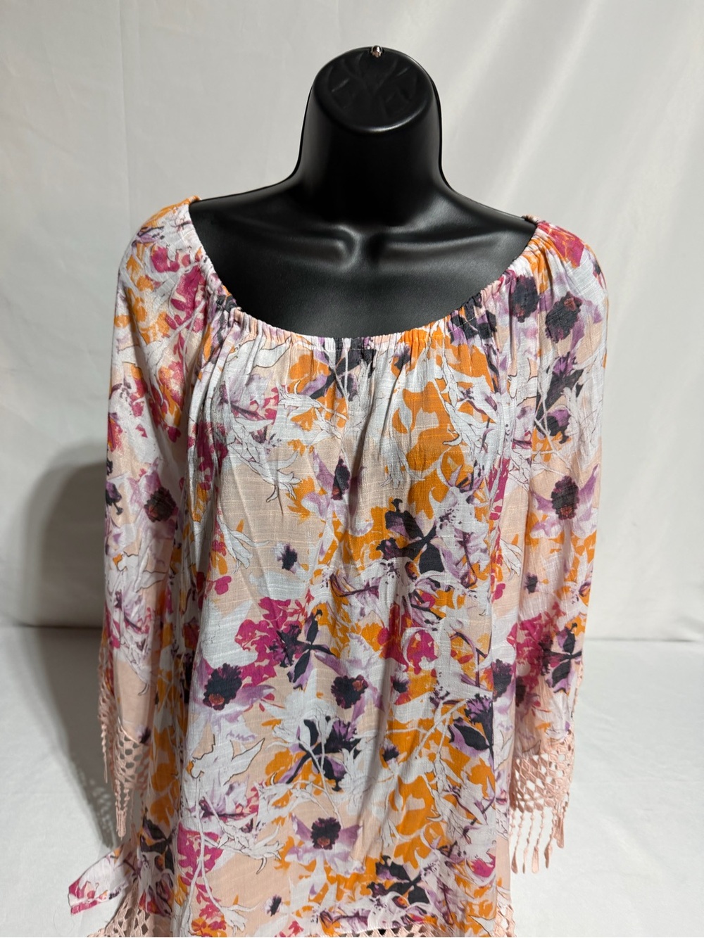 Cato Boho Floral Peasant Blouse Crochet Lace Hem Tassels Long Sleeve Tunic XL - Picture 3 of 16